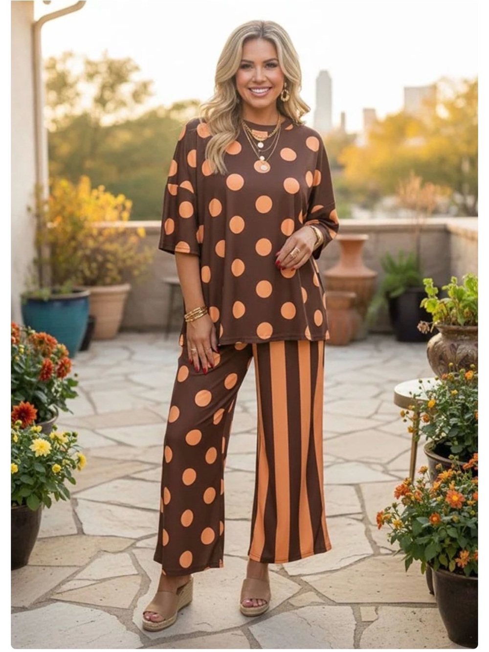 Women’s Brown & Orange Polka Dot and Stripe Lounge Set